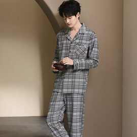 长袖长裤翻领开衫家居服男士睡衣舒适加肥加大纯棉新款春秋可外穿