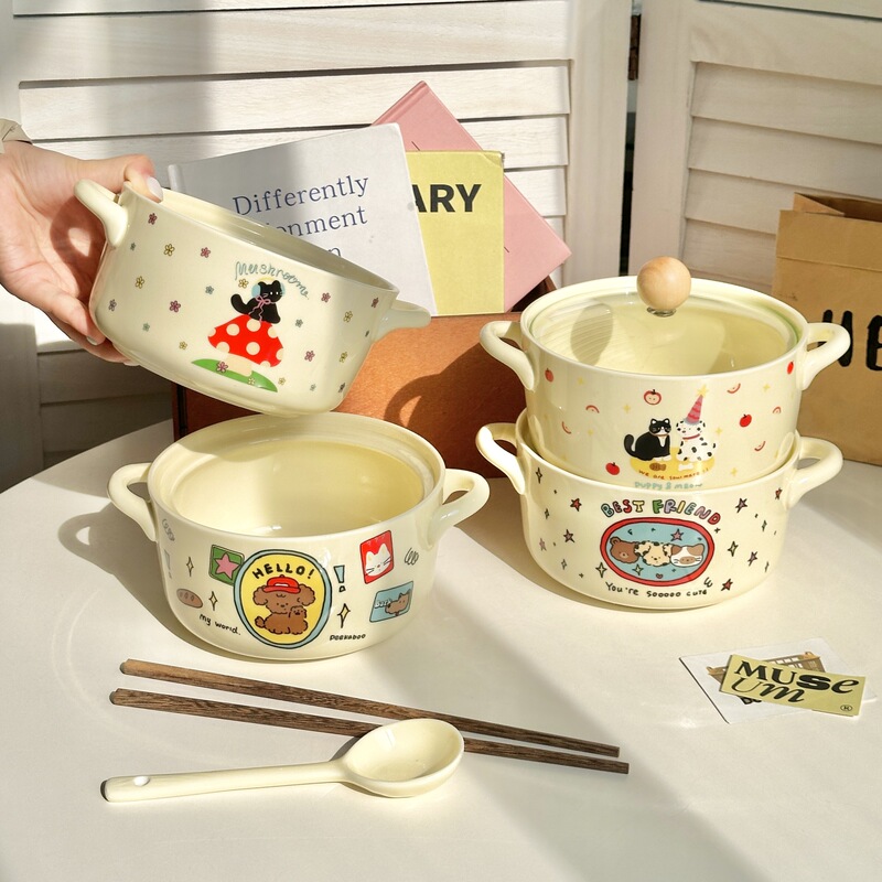 Ceramic Instant Noodle Bowl for Dormitory Students with Lid, High-Looking Double-Eared Noodle Bowl, Personal Use, Exquisite and Cute Noodle Soup Bowl