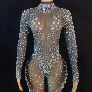 Cross-border Performance Clothing Female Singer Rhinestone Tassel High Elastic Hip-covering Jumpsuit Bar Sexy Party Seasoning