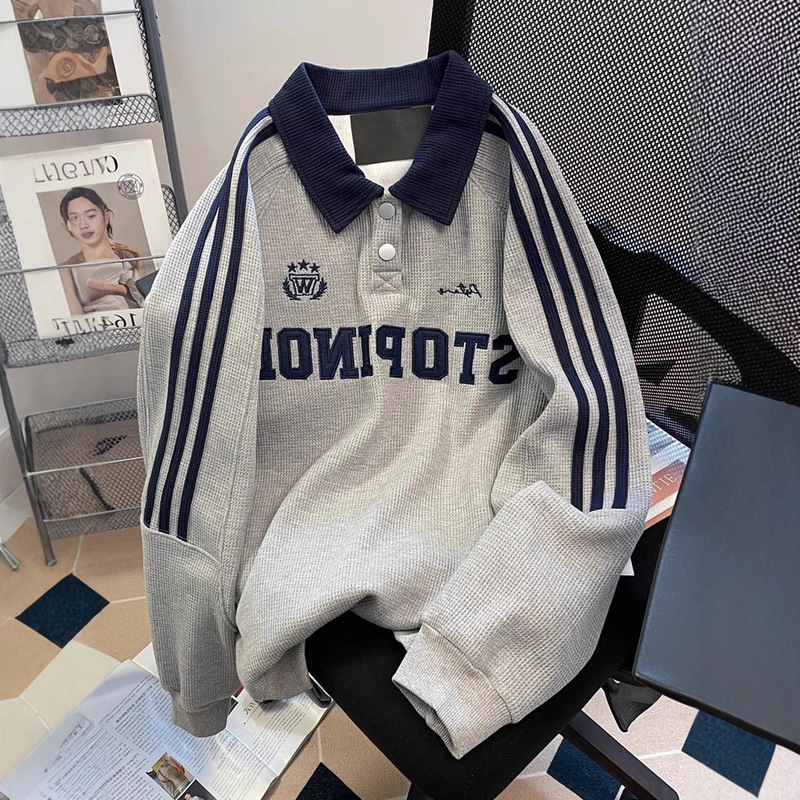 American Retro College Style Waffle Polo Collar Sweatshirt for Men and Women, Loose Casual Couple's Striped Raglan Sleeve Top