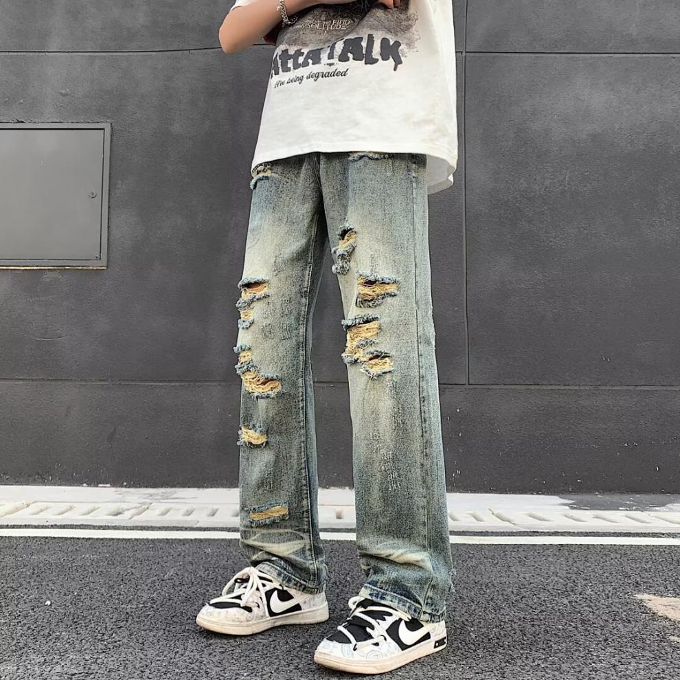 boy Ripped Jeans For Men, Trendy Brand, European And American Street Style Pants, Vintage High Street, Distressed Washed_viptrois.com