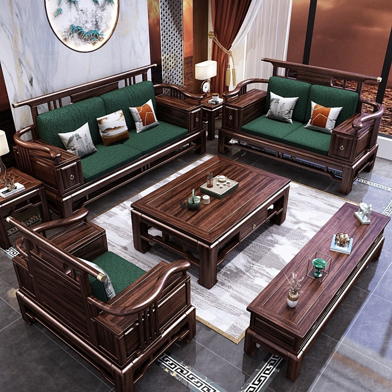 新中式 新古典乌金木实木沙发休闲椅三件套组合 现代客厅家具全套