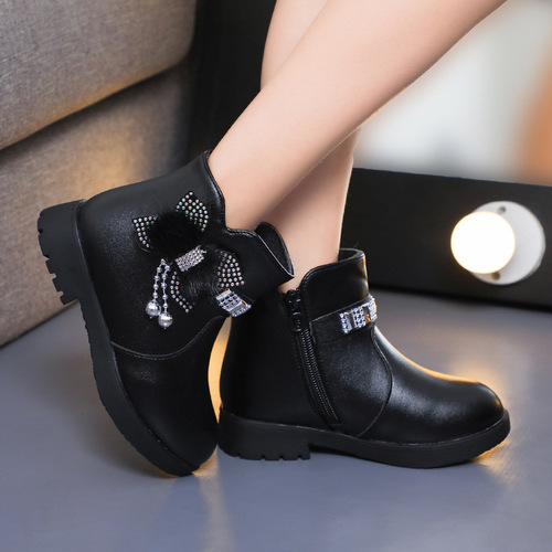 Children's Cotton Boots Princess Fashion Bow Baby Warm Leather Boots  Winter Girls Rhinestone Mid-calf Short Boots