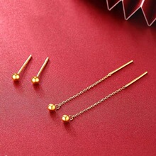 18k金光珠耳线AU750彩金简约长款耳环养耳洞豆豆黄金耳饰水贝黄金