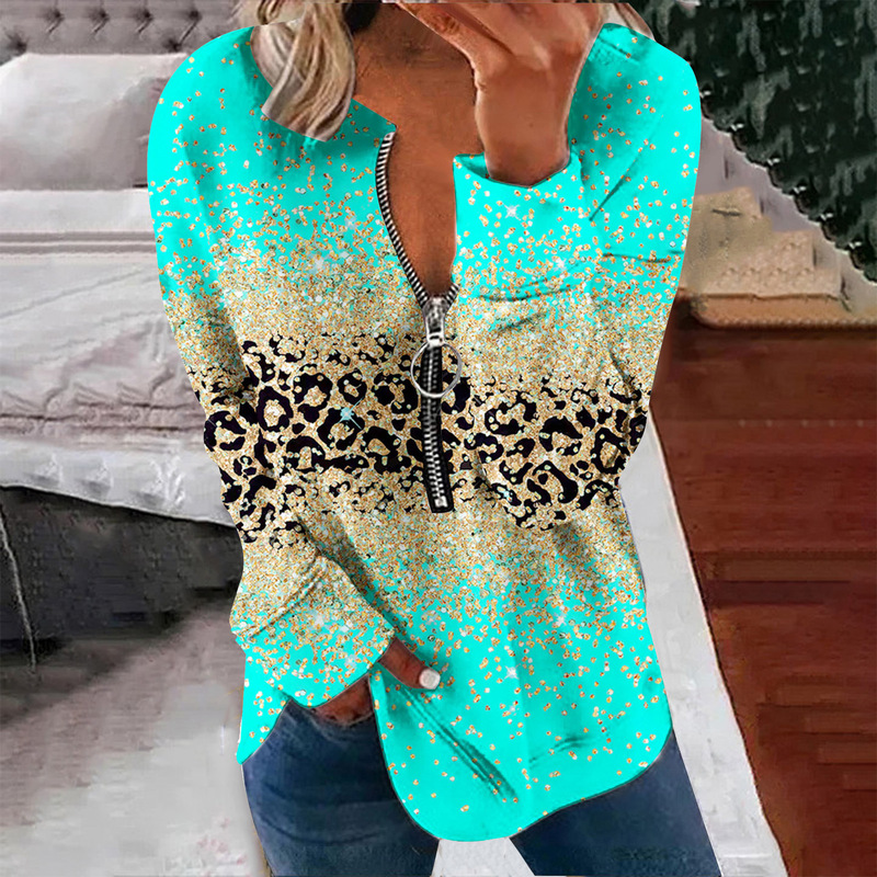 Foreign trade cross-border 2025 spring new Amazon wish trend marble printing long sleeve half zipper sweater