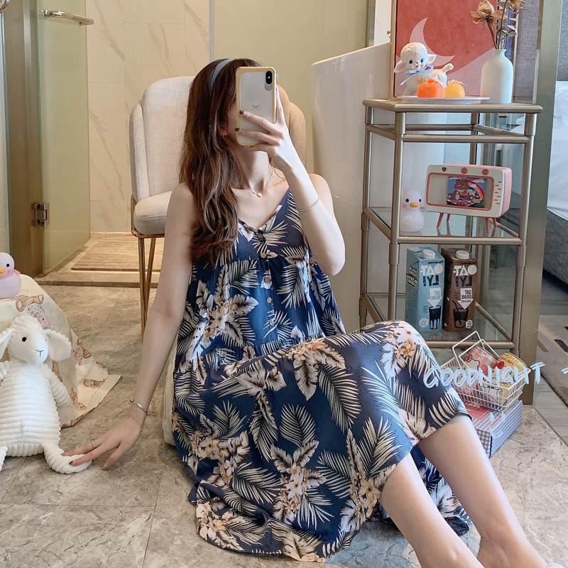Women's Cotton Silk Nightgown Summer Faux Cotton Silk Printed Sling Pajamas Pregnant Women Can Wear Large Size Outer Home Clothes in Summer