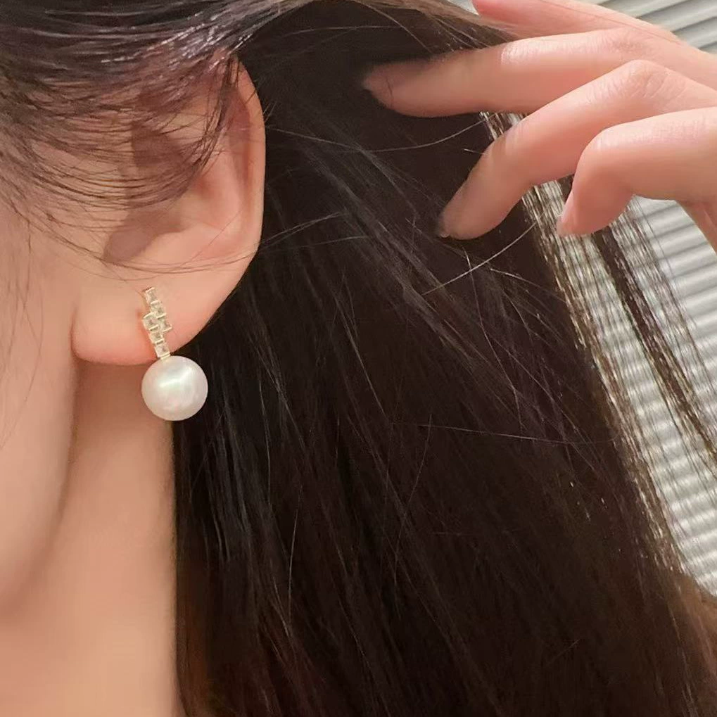 Earrings from pearl, accessories, design zirconium, silver 925 sample, 8-12mm, simple and elegant design