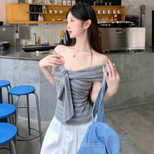 ins性感纯欲绑带灰色条纹一字肩无袖背心t恤女夏辣妹短款打底上衣