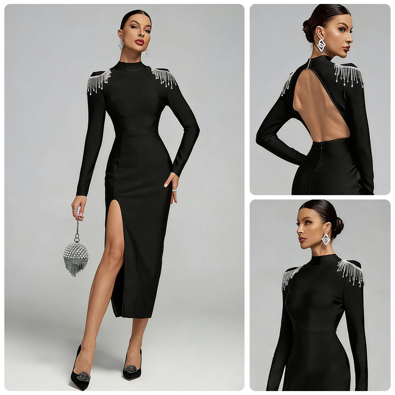 European and American 2026 Spring New Style Half-High Collar Draped Rhinestone Tassel Slim-Fit Dress with High Slit and Backless Design for Evening Wear