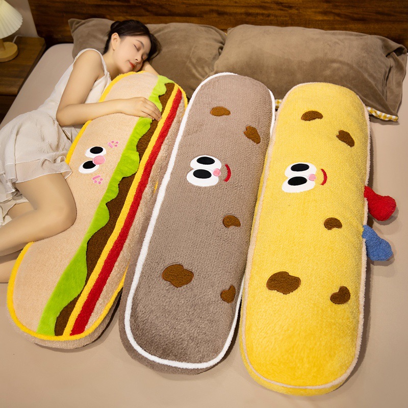 Hamburguesas de dibujos animados galletas almohada de tira larga almohada de cama dormir lateral almohada de pierna almohada desmontable almohada de cabecera almohada