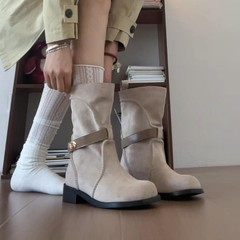 敲软皮~小众厚底西部牛仔短靴女2025新款秋季百搭显瘦中筒马丁靴