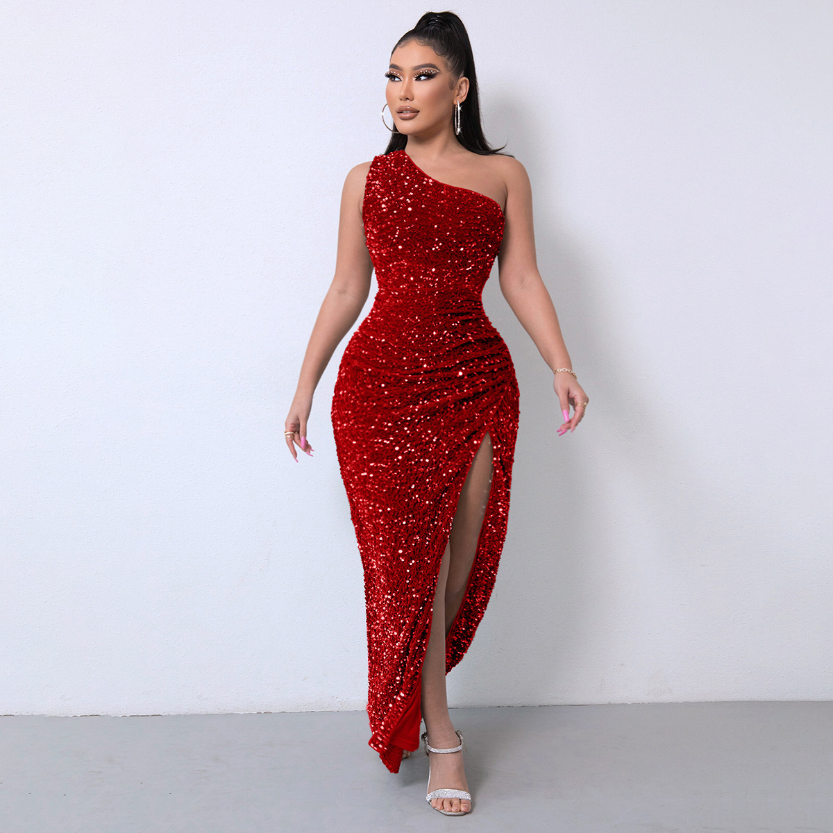 2023亚马逊独立站时尚无袖珠片亮片单肩开叉宴会晚