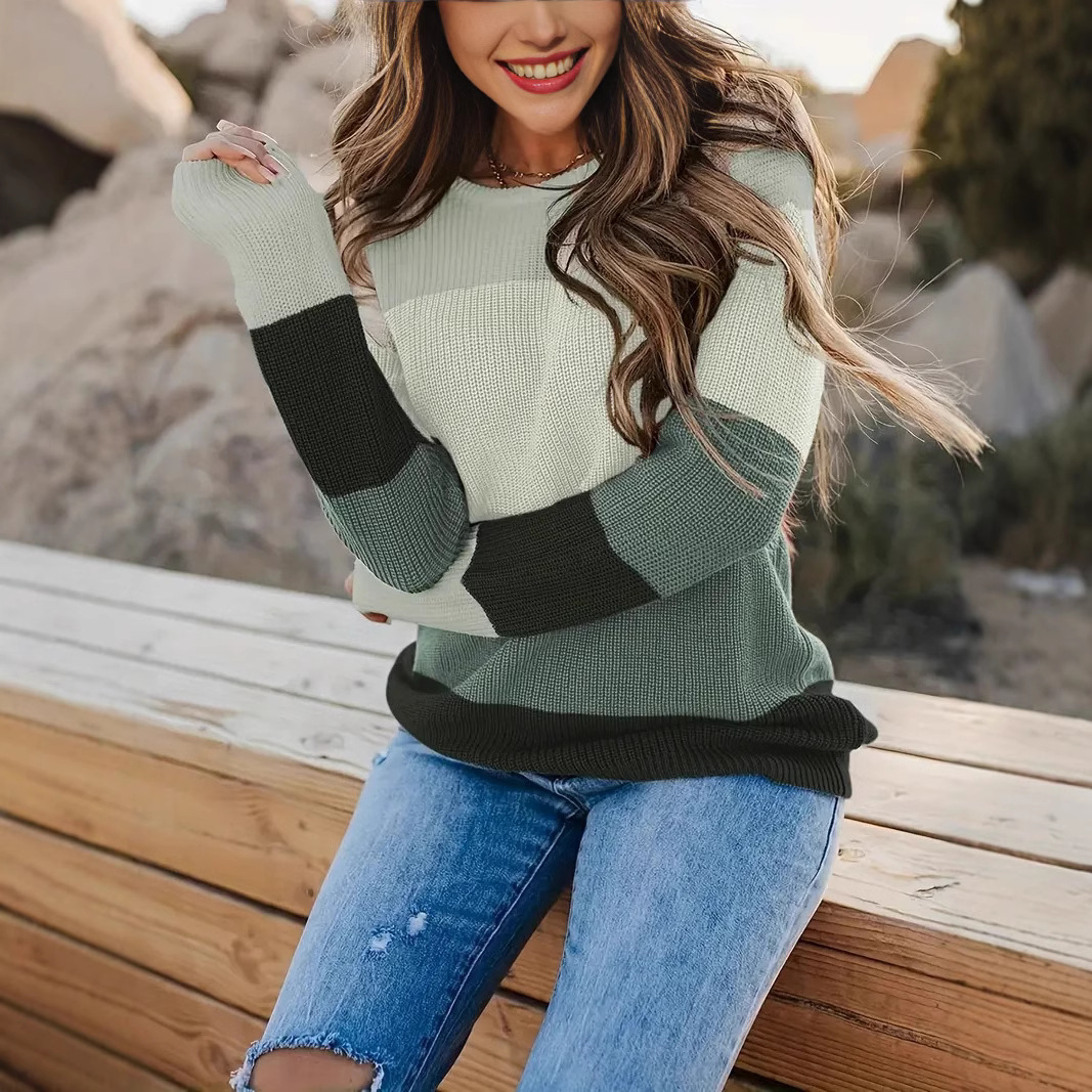 가을과 겨울 유럽과 미국의 국경 대외 무역 여성 스웨터 패션 라운드 넥 컬러 매칭 탑 아마존 캐주얼 느슨한 니트 스웨터