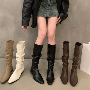 Chunky Heel Pleated Long Barrel Knights Boots Women's Shoes 2024 New Spring and Autumn Western Thin Medium Barrel Long Boots