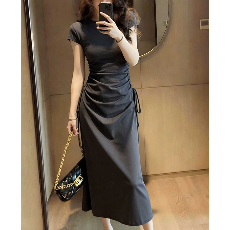 Đầm maxi trẻ em tay ngắn phong cách Pháp Vintage, thiết kế thắt lưng xếp li hông — màu đen, màu xám chi tiết 5