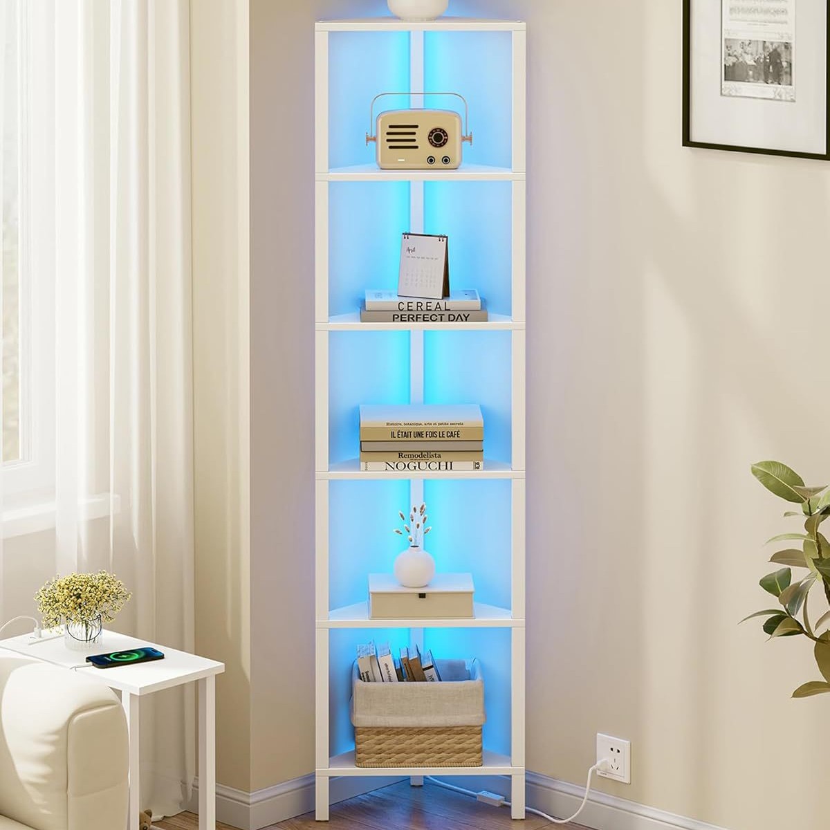 Corner Shelf with Led Light 5 6 Tier Corner Bookshelf Small Space Narrow Display Corner Rack for Living Room Bedroom