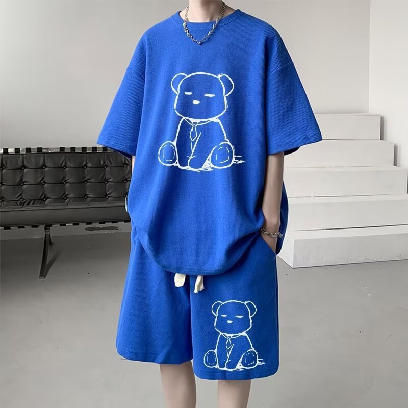 夏のワッフルスポーツスーツメンズオーバーサイズハンサムTシャツショーツツーピースセットトレンディなメンズファッションウェア|undefined
