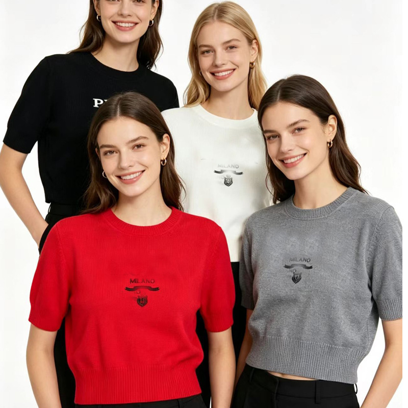 Popular foreign trade item: Embroidered letter short-sleeve loose-fitting short soft knit top for women with embroidered badge, high-quality top Popular foreign trade item: Embroidered letter short-sleeve loose-fitting short soft knit top for women with embroidered badge, high-quality top