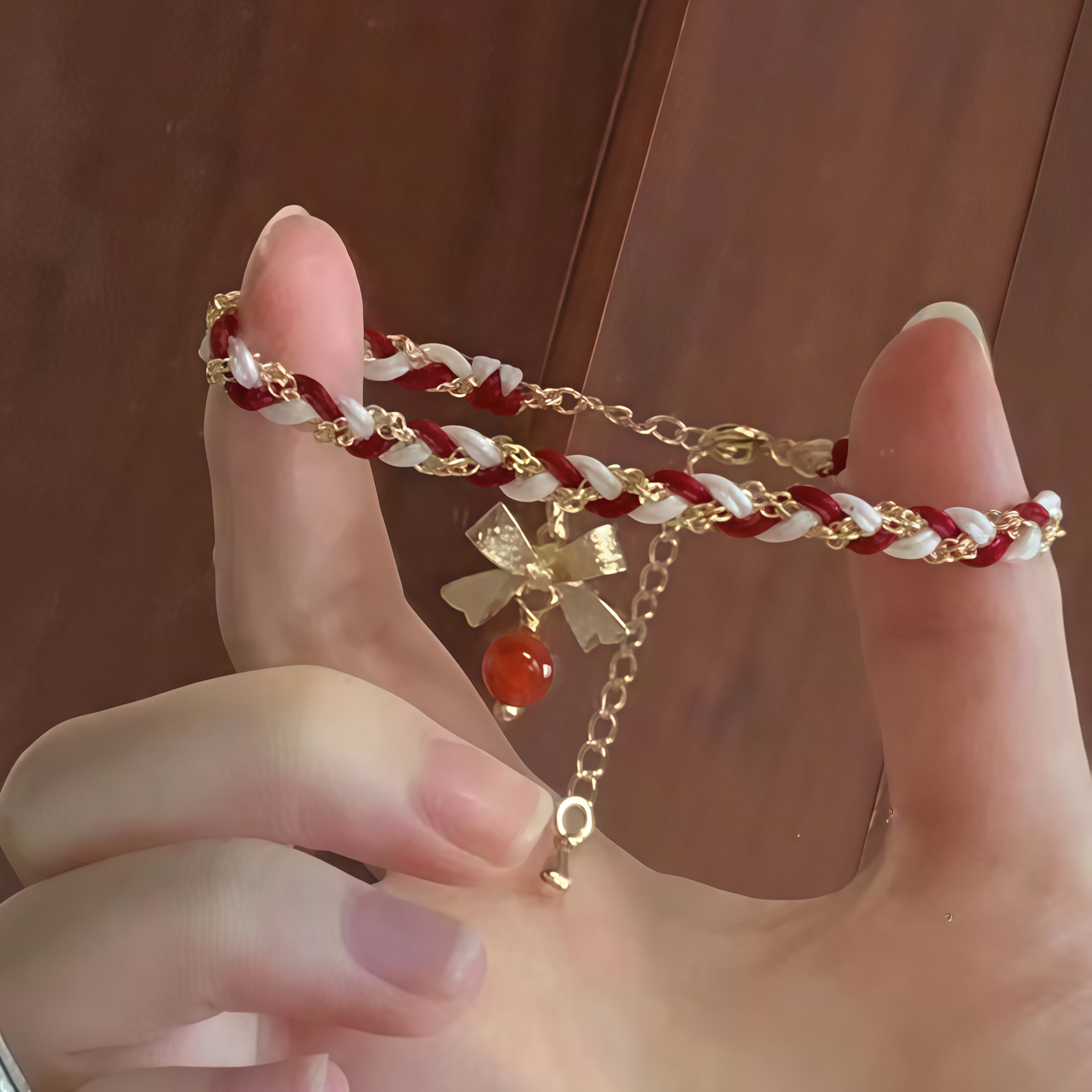 Christmas Bracelet for Women Ins Niche Design Best Friend Two Sweet Simple Bow Pendant Hand-Woven Bracelet