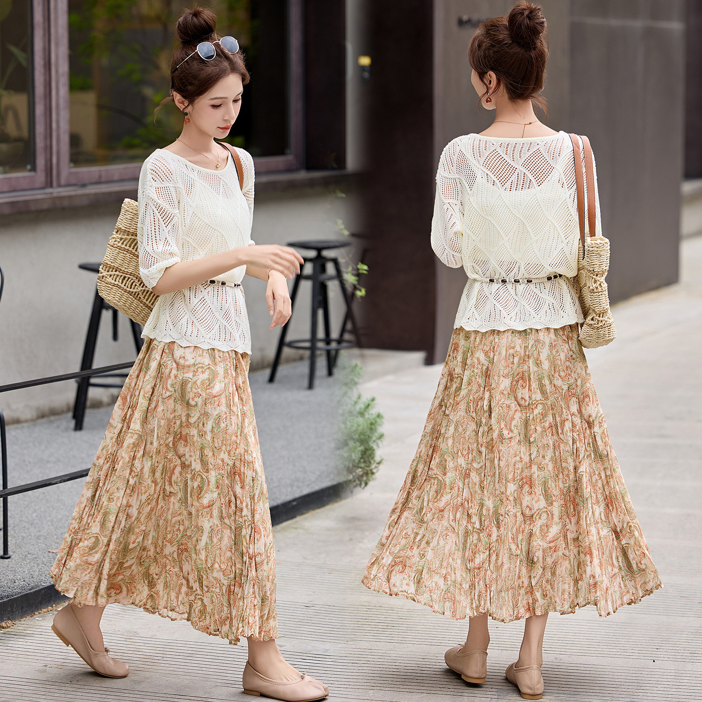 Set áo khoác ren buộc dây kết hợp chân váy hoa maxi hai mảnh đi biển — màu sắc, xanh lá cây