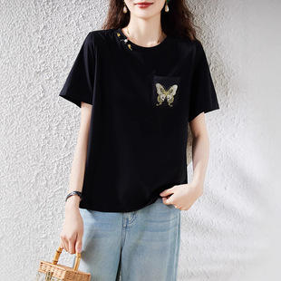 Butterfly Embroidered Short-sleeved T-shirt 2025 New Summer Top European Station Fashion plus size Women's Clothing