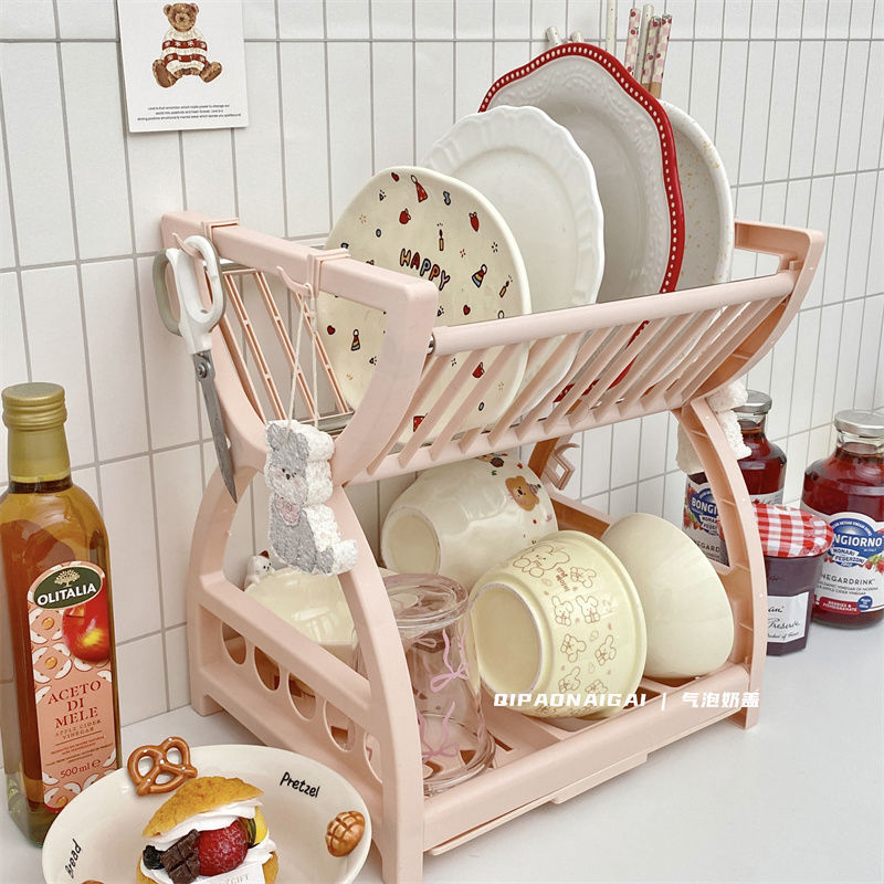 Utensils Washing and Draining Cupboard Kitchen Plate Knife and Dish Storage Box Double-Layer Tableware Storage Rack