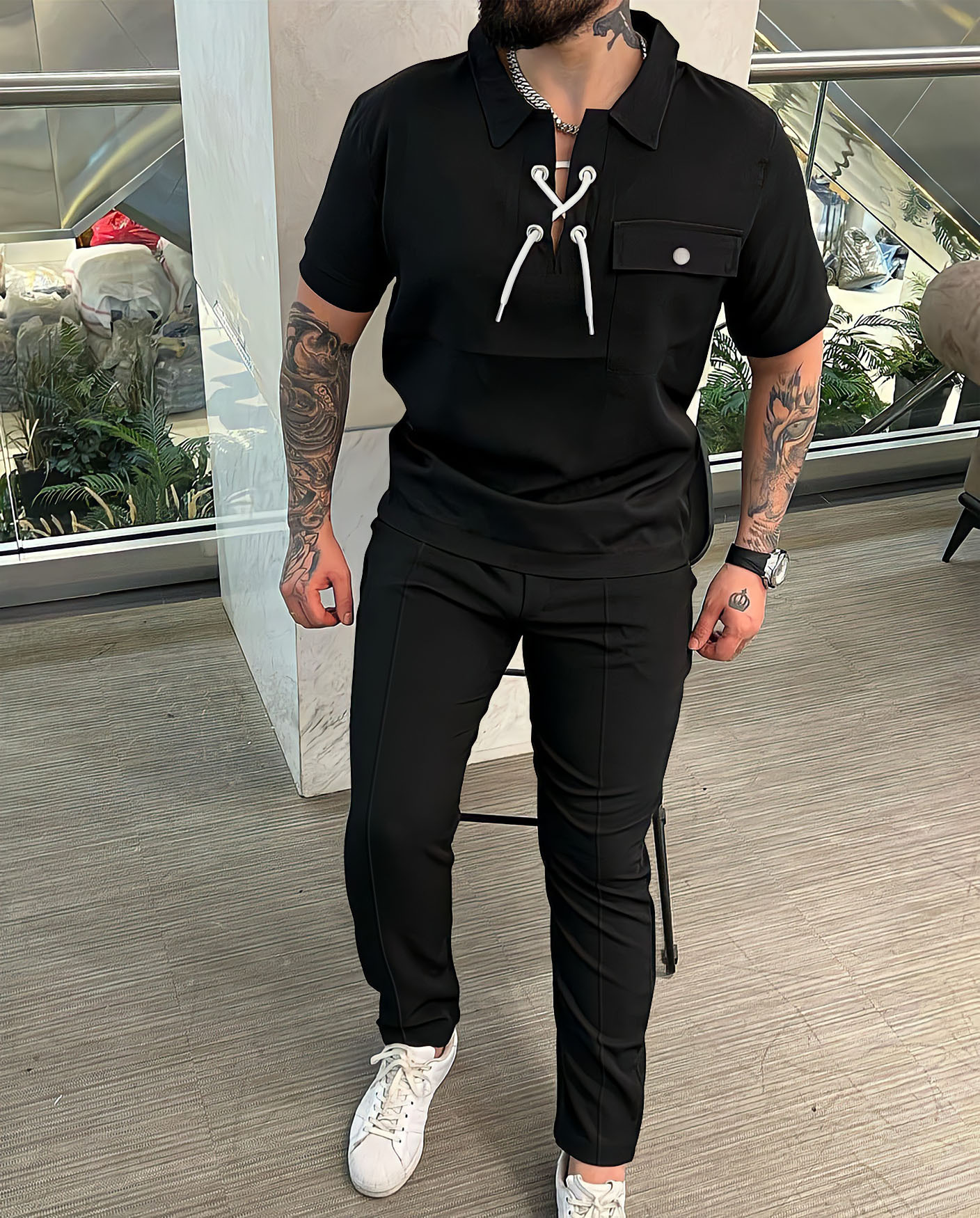 Otoño Amazon AliExpress europeo y americano transfronterizo hombres camisa casual manga corta Camiseta + Pantalones hip hop traje de personalidad