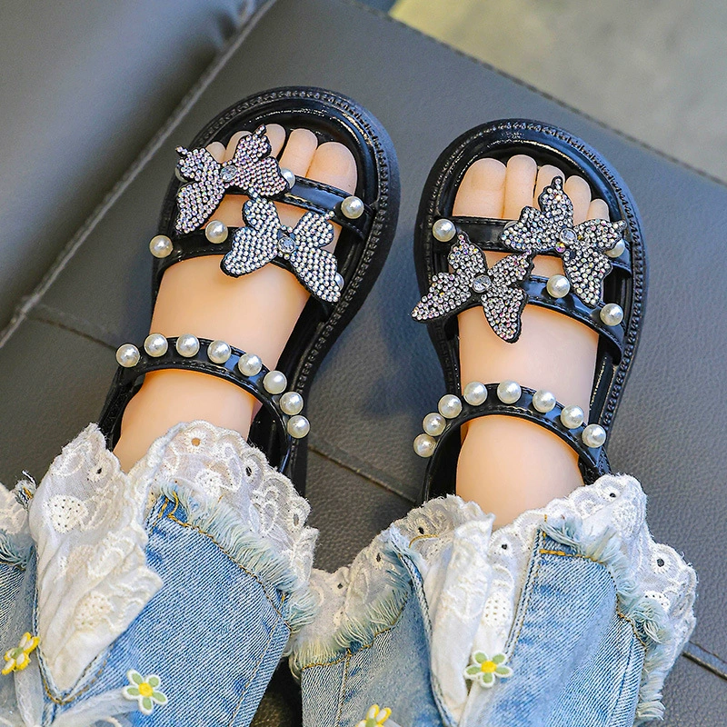 Сандалии для девочек на летнюю верхнюю одежду, детский бант, розовая принцесса, универсальная мягкая подошва, милая девочка.