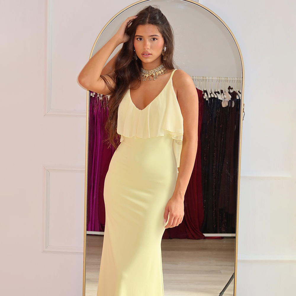 Europa y América ropa de mujer 2026 verano nuevo color sólido V-collar collar borde de loto sexy delgado vestido de cadera al por mayor image 2