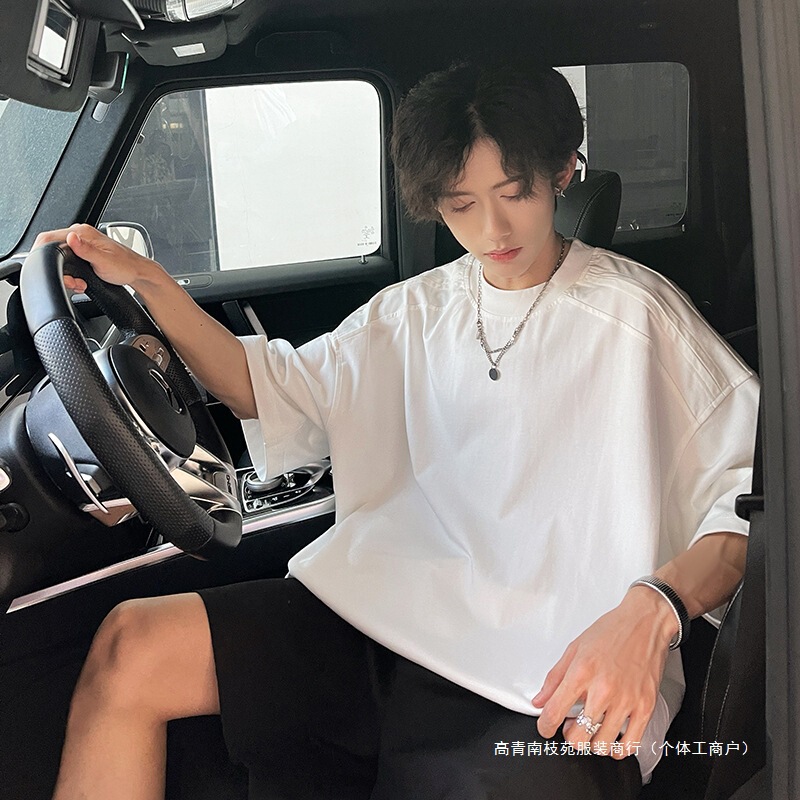 Designer Simple Stereo Shoulder T-Shirt Wide Collar Retro Simple Style Tee Men's Short Sleeves Cd1040 P38 White