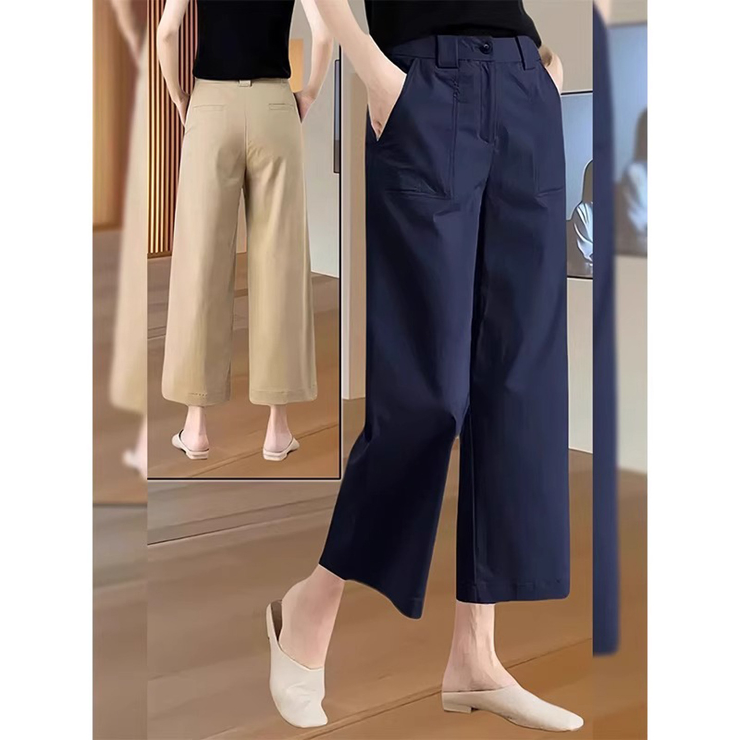Navy Blue Straight-Leg Casual Pants for Women, Summer Thin Style 2025 New High-Waisted Drapey Women's Cropped Ice Silk Wide-Leg Pants