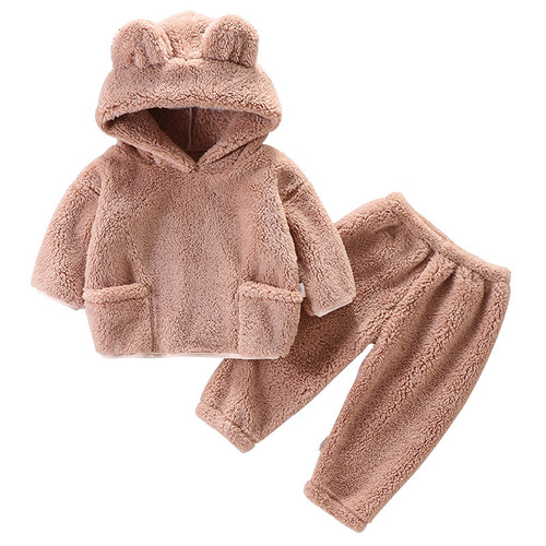 Children's autumn and winter flannel suit baby pajamas home clothes warm hooded outer wear two-piece set 2024 new style
