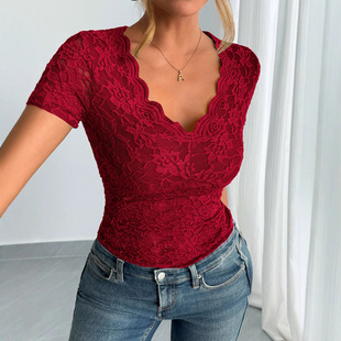 Europe and the United States cross-border Amazon 2025 spring and summer new ladies solid color sexy lace V-neck short sleeve lace base shirt