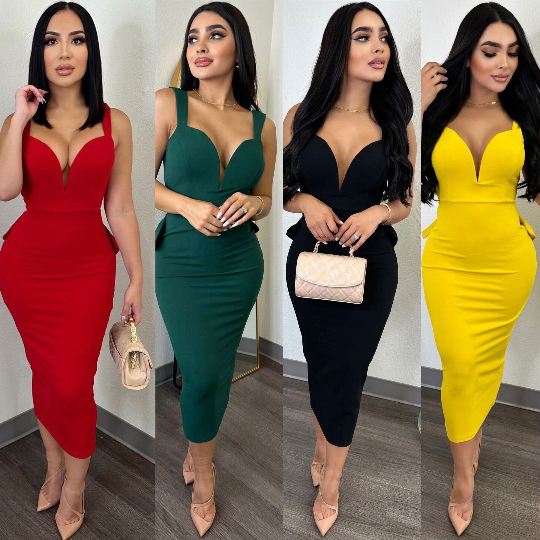 Women's Clothing K2868 solid color hip covering, backless, deep V bow elastic slit dress_voghion.com
