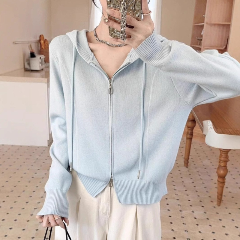 Hooded Double Zipper Soft Waxy Long-Sleeved Knitted Cardigan Sweater Jacket Women's Spring Fashion Elegant Hoodie Casual Top