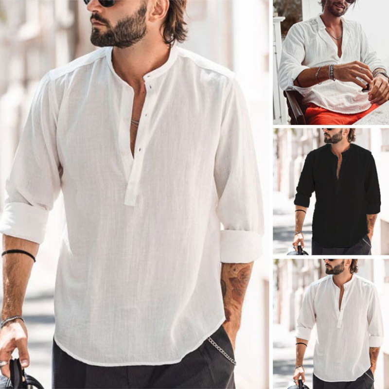 Spring and Autumn style casual standing collar, door barrel, solid color long sleeved bamboo knot cotton linen shirt,_voghion.com