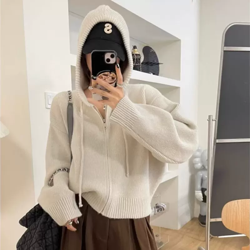 韩系设计感拉链连帽针织开衫女春秋新款宽松休闲短款慵懒毛衣外套