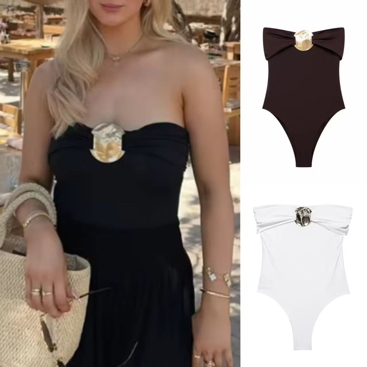 Aliexpress Cross-Border Foreign Trade Wholesale European and American Women's Clothing 2025 New Style Metal Embellished Off-Shoulder Slim-Fit One-Piece Swimsuit