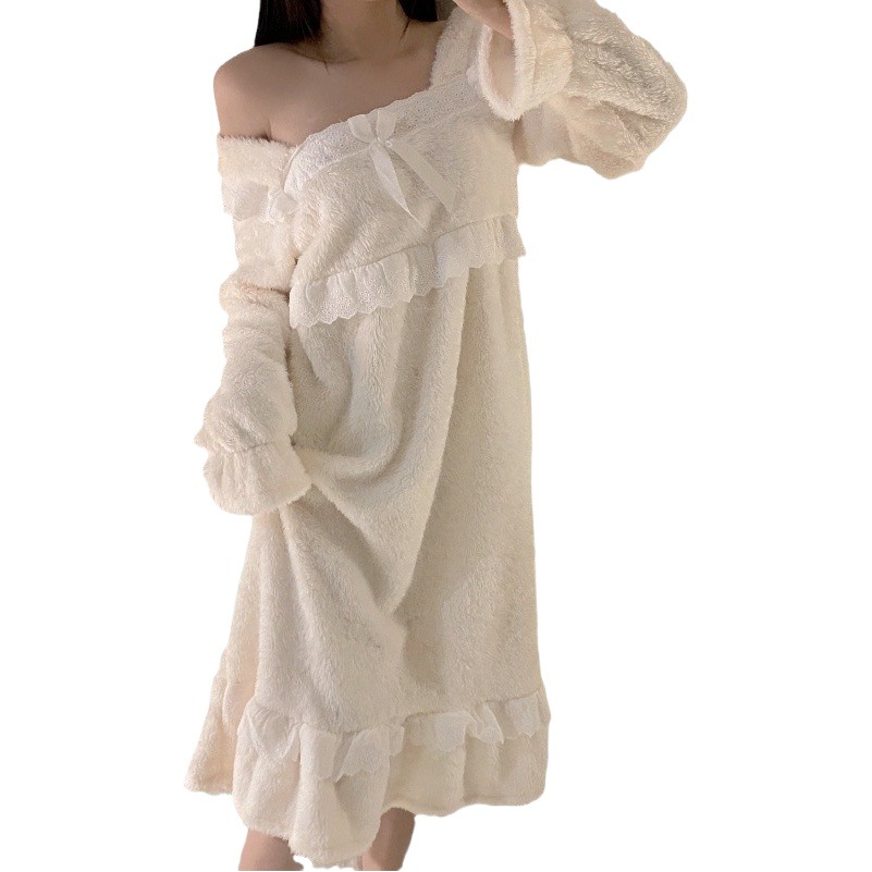 Otoño e Invierno camisón de franela vestido de longitud media de las mujeres avanzado pijamas de encaje sexy dulce terciopelo coral princesa homewear