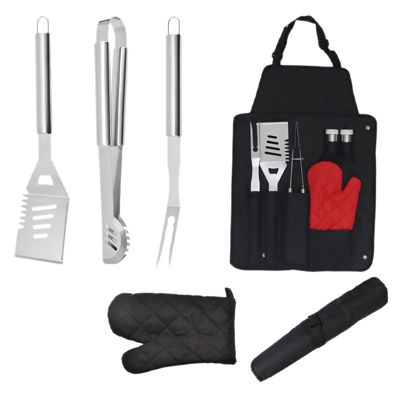 BBQ set delantal herramientas de barbacoa 6 piezas set de utensilios al aire libre de hierro para cocinar pala de acero inoxidable antiguo