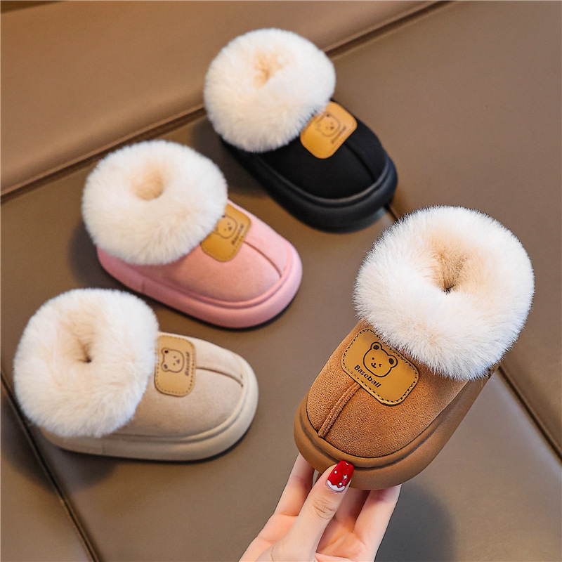 Children's Closed-Back Cotton Shoes for Winter, Fleece-Lined and Thickened, Suitable for Young Boys, Snow Boots, Non-Slip, Toddler Home Cotton Slippers