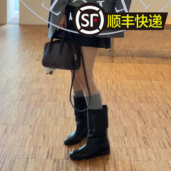 牛皮版~翻折真皮厚底骑士中筒靴女冬宽筒西部短靴粗跟马丁靴踝靴