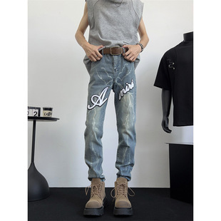 American High Street Lightning Pattern Jeans for Men 2025 Summer Trendy Brand Casual Washed Distressed Slim Straight Long Pants
