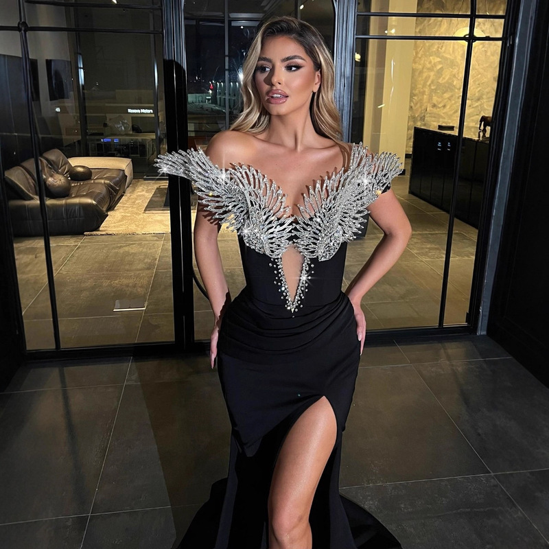Foreign Trade Cross-Border Independent Station Gold Velvet Rhinestone Slim Fishtail Banquet Party Long Dress ​ Evening Dress