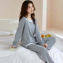 100%纯棉睡衣女士秋冬季全棉长袖女生纯色宽松可外穿家居服套装