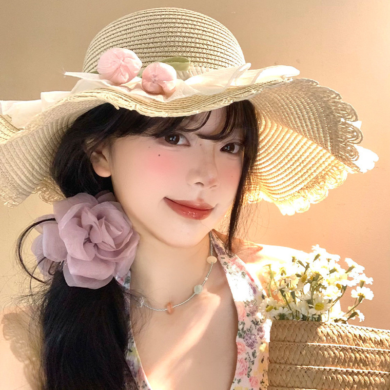 Tulip Lace Edge Straw Hat Women's Summer Seaside Beach Vacation Style Sun Protection Hat Large Brim Sun Hat