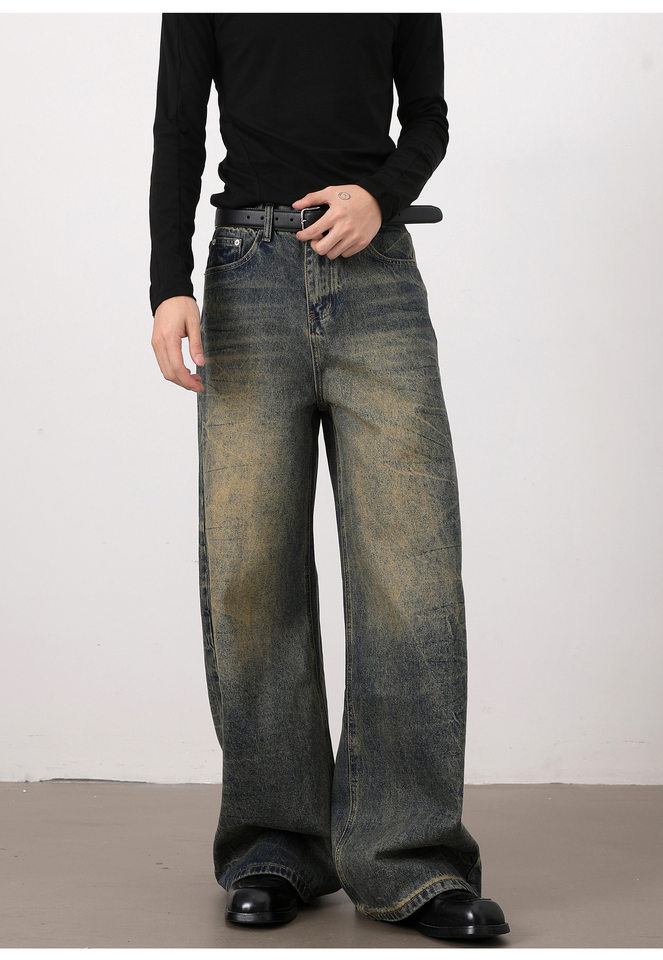 Quần jeans nam dáng rộng ống suông phong cách retro Mỹ, râu mèo xanh, giặt mài làm cũ — Xanh cổ điển chi tiết 16