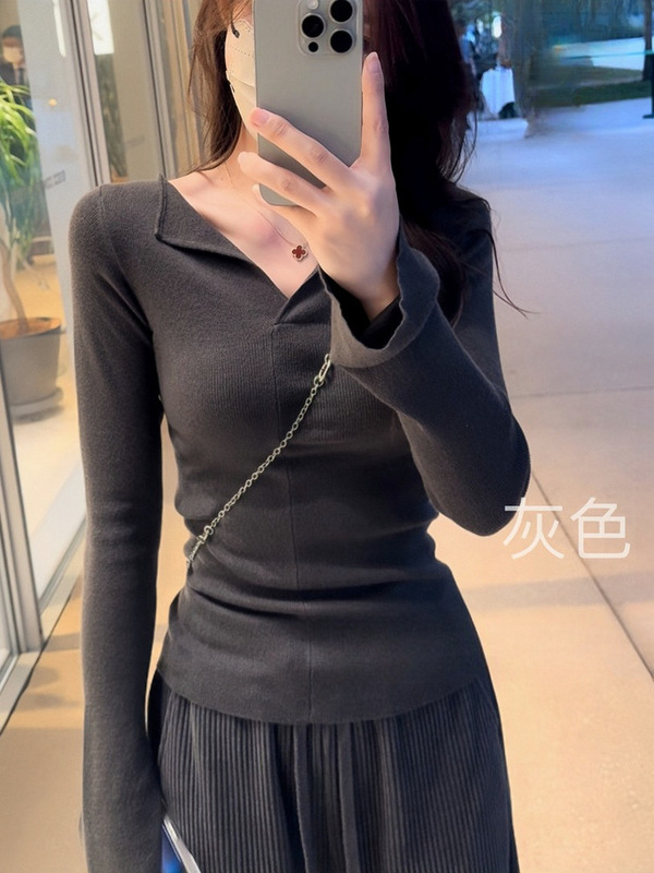 韩系纯色长袖V领修身显瘦百搭t恤上衣2025早秋新款针织打底衫女装|undefined