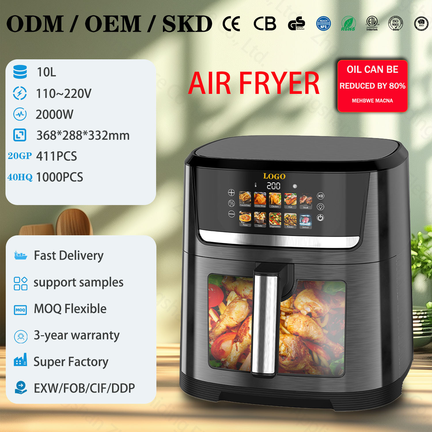 Fritadeira de ar visual com tela sensível ao toque 10L - pedido mínimo 300 / Padrão europeu 220V
