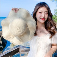 太阳帽子女士网红时尚珍珠编织夏天防晒海边沙滩帽木耳边